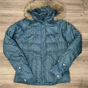 Columbia Omni Shield Women’s Down Puffer Jacket Teal Hooded Faux Fur Trim- SZ S